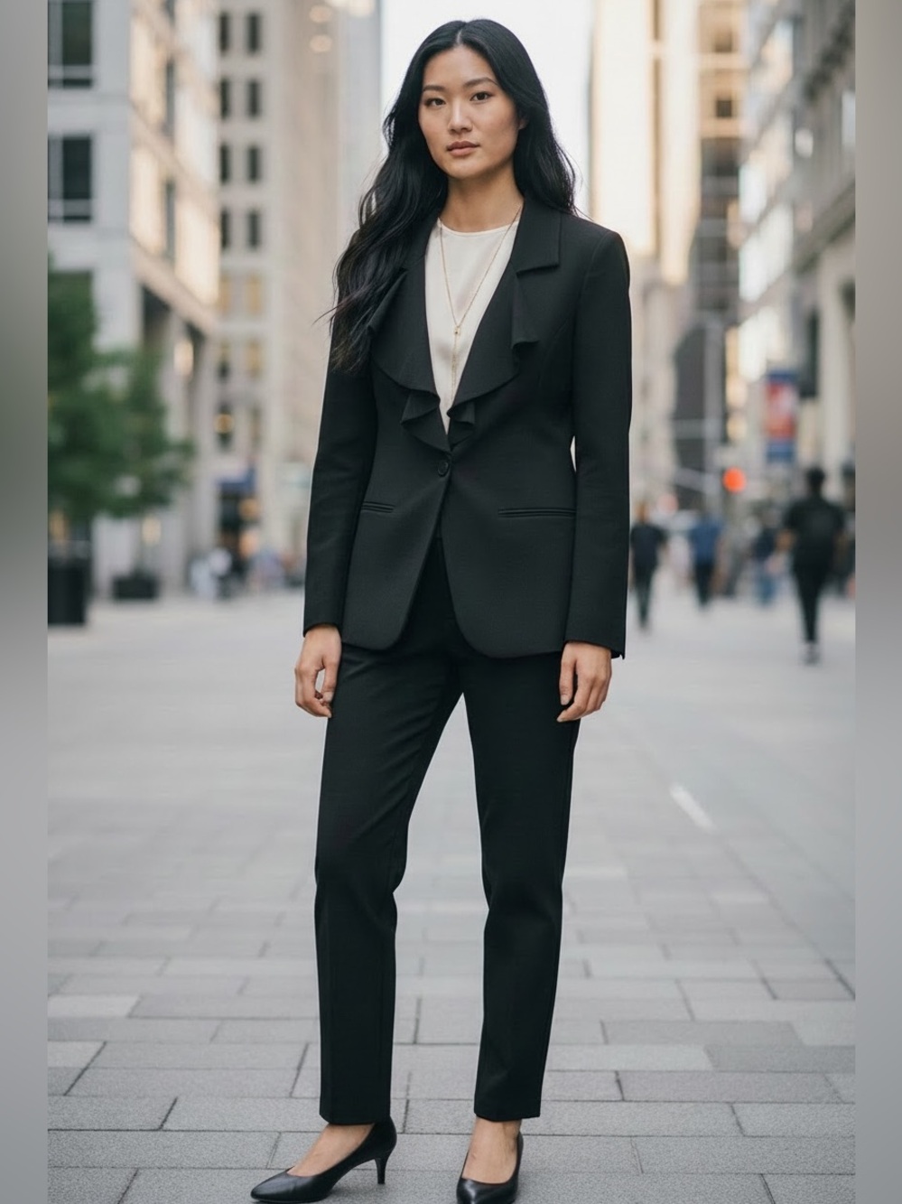 White House Black Market Classic Black Blazer with Ruffle at Lapel Detail
